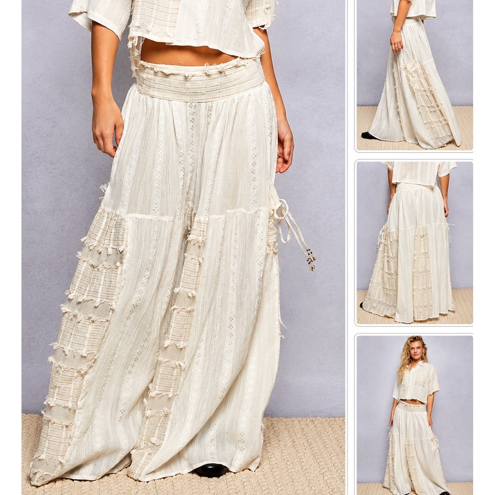 POL Bohemian Wide Leg Cotton Pants Pearl Shell Trim Cream Textured Relaxed NEW L - Picture 6 of 7